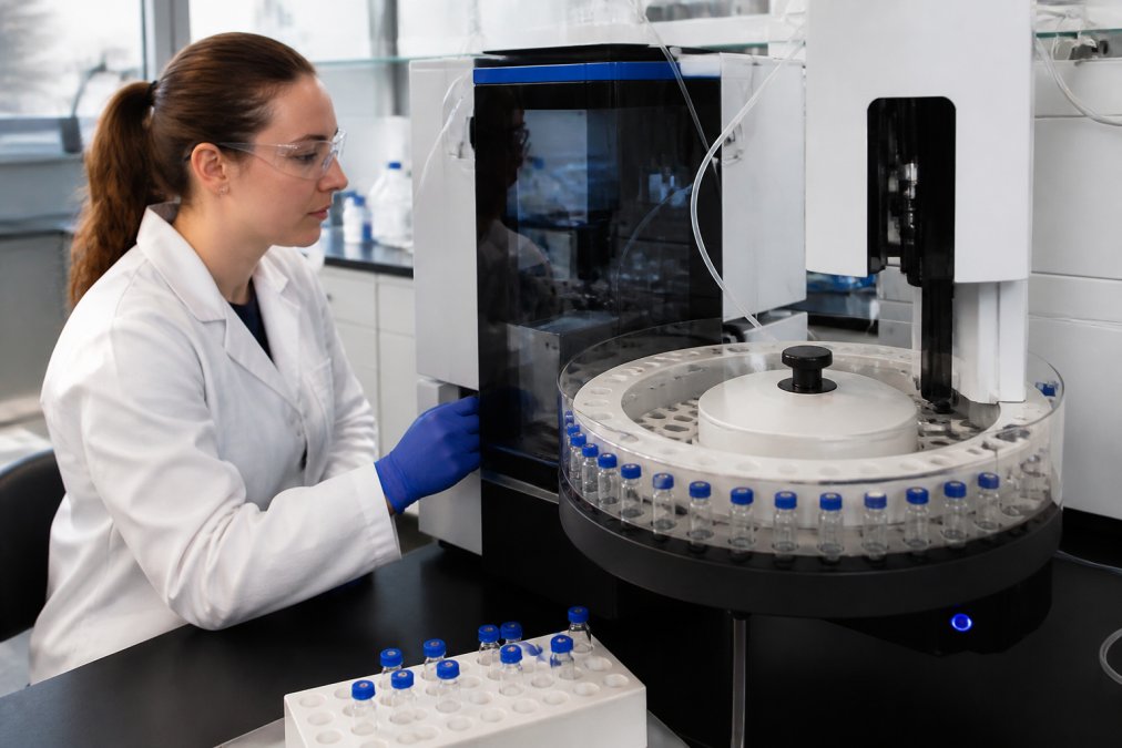 A lab technician in gloves and safety glasses reviewing an HPLC chromatogram on a computer monitor, with sample vials and an autosampler visible in the foreground of a clean analytical laboratory