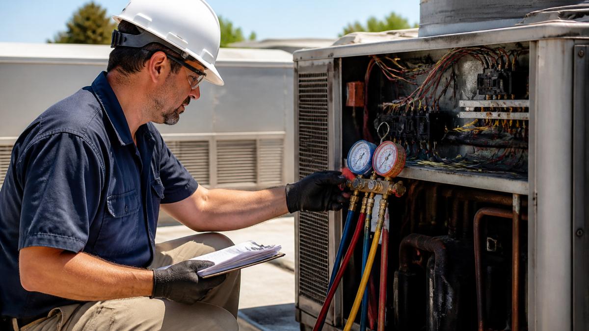 A commercial HVAC technician in uniform inspecting a rooftop air conditioning unit on a sunny day, holding a clipboard and checking gauges