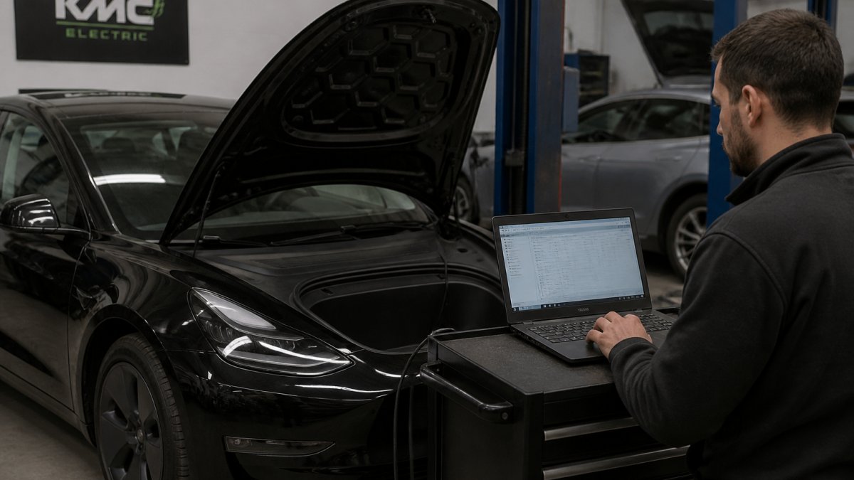 A close-up of a technician's hands using a diagnostic laptop connected to a Tesla Model 3, with the car's battery status visible on the screen in a clean workshop