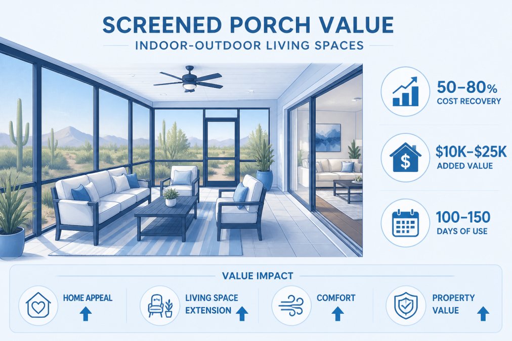 Well-maintained screened-in patio with comfortable outdoor furniture, ceiling fans, and clear views of Arizona landscaping, demonstrating seamless indoor-outdoor living in bright afternoon sunlight