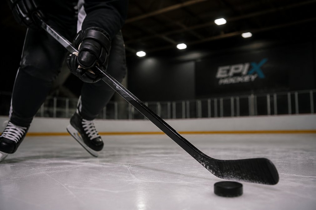 Hockey player gripping a stick to test how stick weight impacts shot velocity and release speed