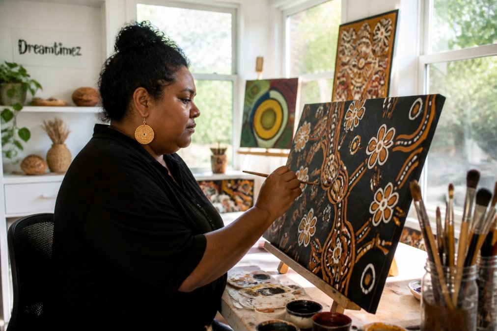 An Indigenous artist in a bright studio, painting a canvas with traditional symbols, surrounded by finished artworks and natural light