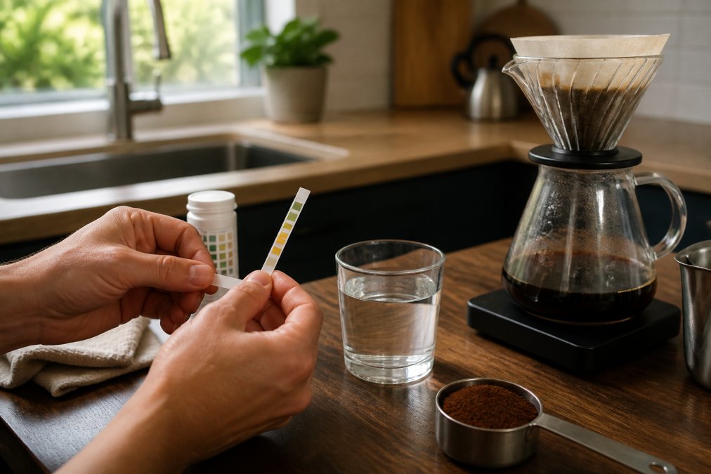 A home brewer testing water hardness for coffee flavor in a bright kitchen with a pour-over setup nearby.