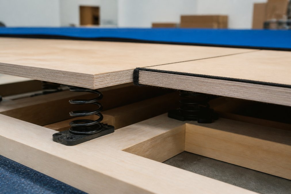 Diagram showing spring floor components meeting impact reduction standards for gymnastics flooring