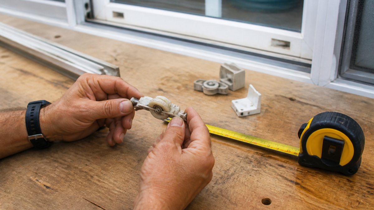 Close-up of a homeowner's hands holding a worn window roller next to a measuring tape on a workbench, with a sliding impact window frame visible in the background