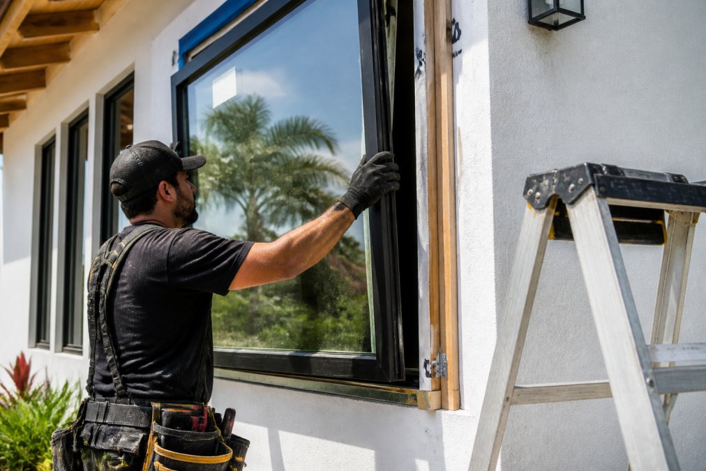 A professional installer in work gear carefully fitting a large impact-rated window into a modern home exterior, with tools, framing, and a bright midday sun visible in the background
