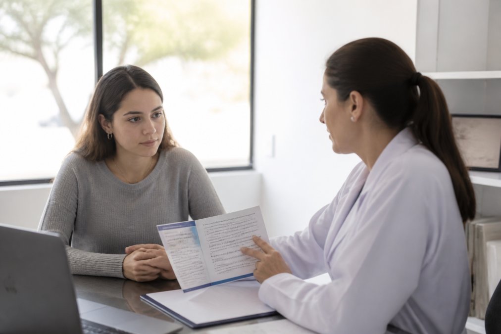 Mujer joven consultando con una médica en una clínica moderna, ambas sentadas frente a un escritorio con un folleto informativo sobre anticoncepción, luz natural entrando por la ventana