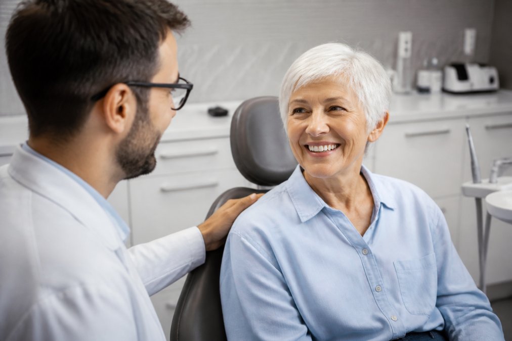 Mature adult patient smiling confidently in modern dental office setting with natural lighting, demonstrating comfort and satisfaction with restored teeth