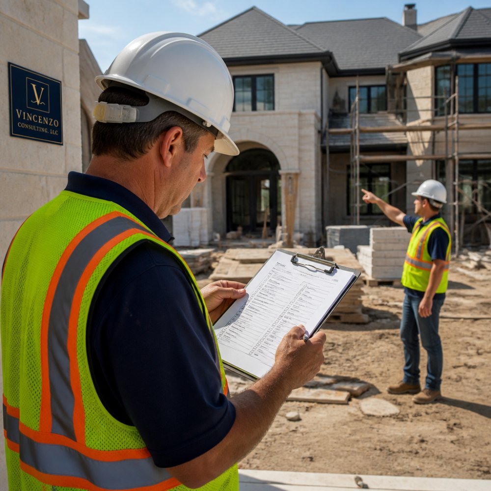 A construction site inspector in a hard hat and safety vest reviewing a clipboard checklist while standing in front of a partially built luxury home, with a general contractor pointing at a detail in the background