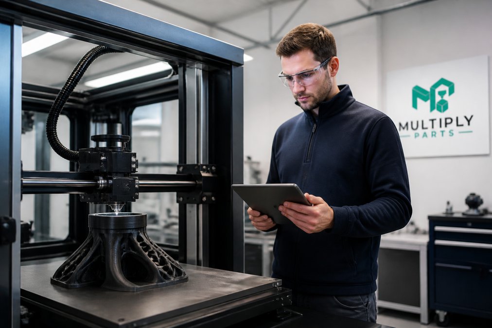 Implementing Additive Manufacturing for Supply Chain Agility 2 Close-up of an industrial 3D printer building a complex part layer by layer in a clean, modern manufacturing facility, with a technician in safety glasses monitoring progress on a tablet