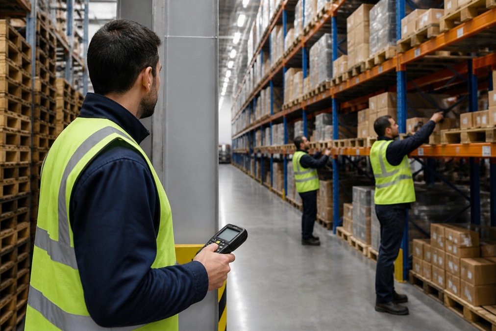 A warehouse manager in a safety vest holding a handheld scanner, reviewing a digital pick-path dashboard mounted on a pillar while two workers in the background pick orders from tall shelving racks under bright industrial lighting