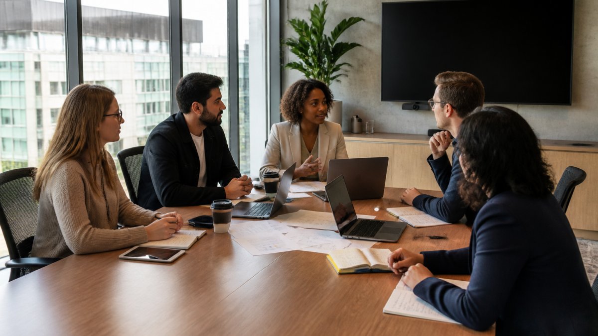 Professional team collaborating in modern office conference room around large table with laptops and implementation strategy documents displayed on screens, natural window lighting