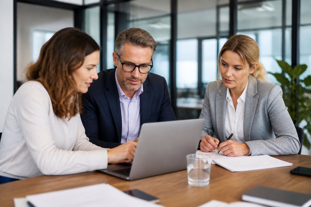 Professional team reviewing documents on laptop screen in modern office, with papers and digital tools visible on desk