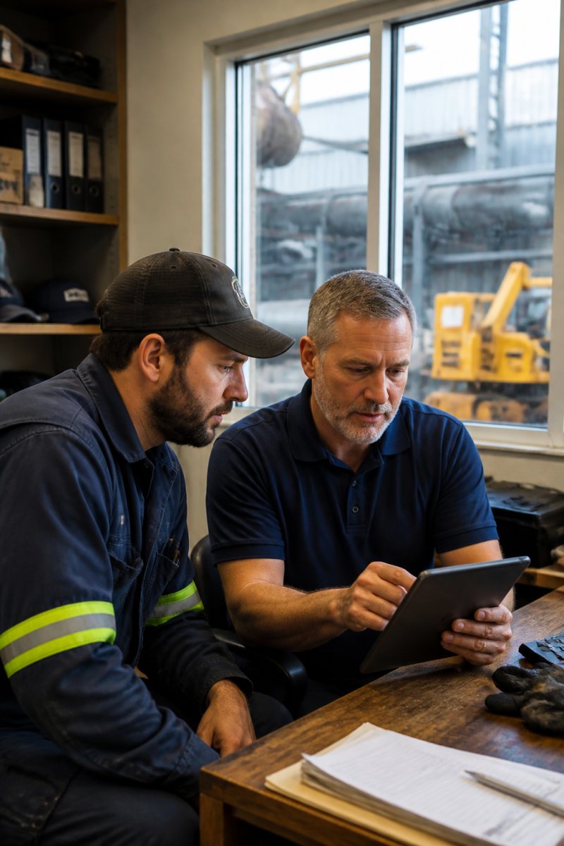 Facilities manager and technician reviewing assets on a tablet while implementing CMMS in a small office
