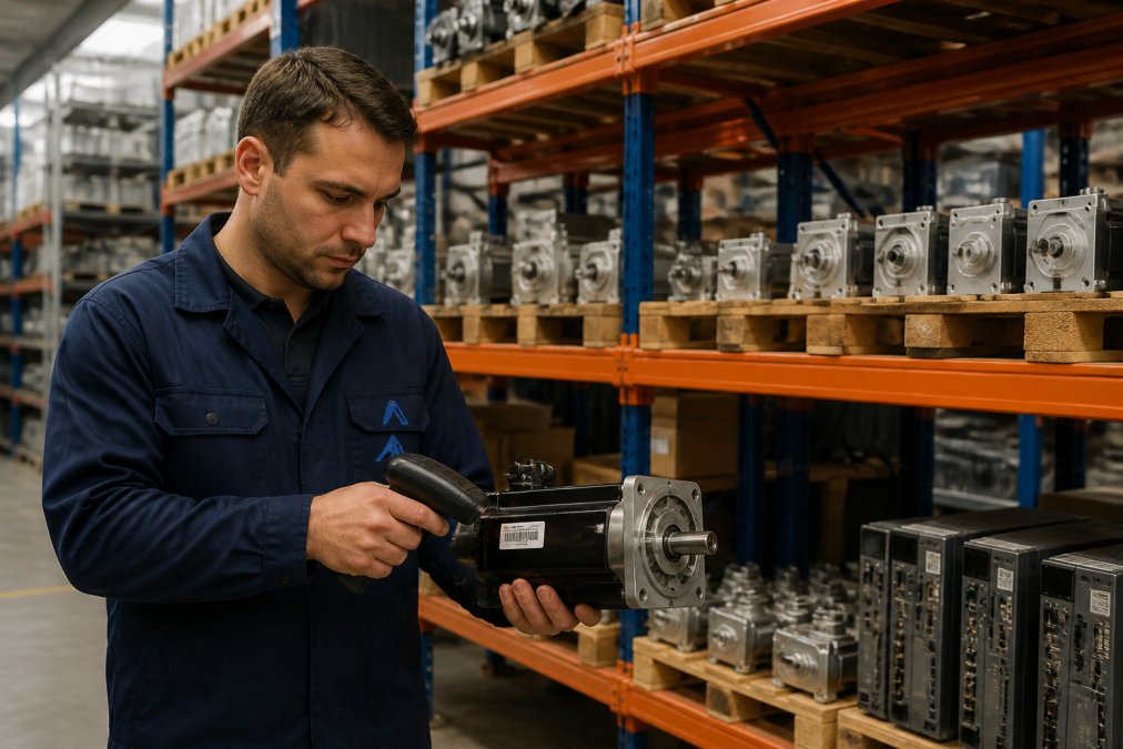 Maintenance technician in a factory warehouse scanning a barcode on an industrial servo motor with a handheld scanner, organized shelving of automation components visible in the background under bright industrial lighting
