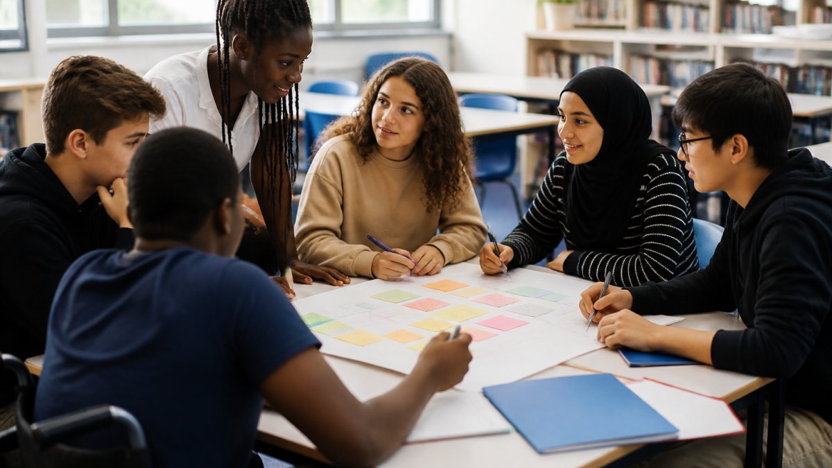 Diverse group of secondary school students collaborating around a table, with mixed ages, abilities, and backgrounds engaged in discussion and planning
