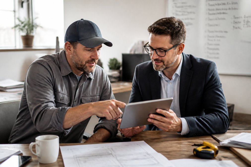 A Hamilton contractor and a business consultant reviewing a sales pipeline diagram on a tablet in a bright office, pointing at stages and discussing notes on a whiteboard in the background