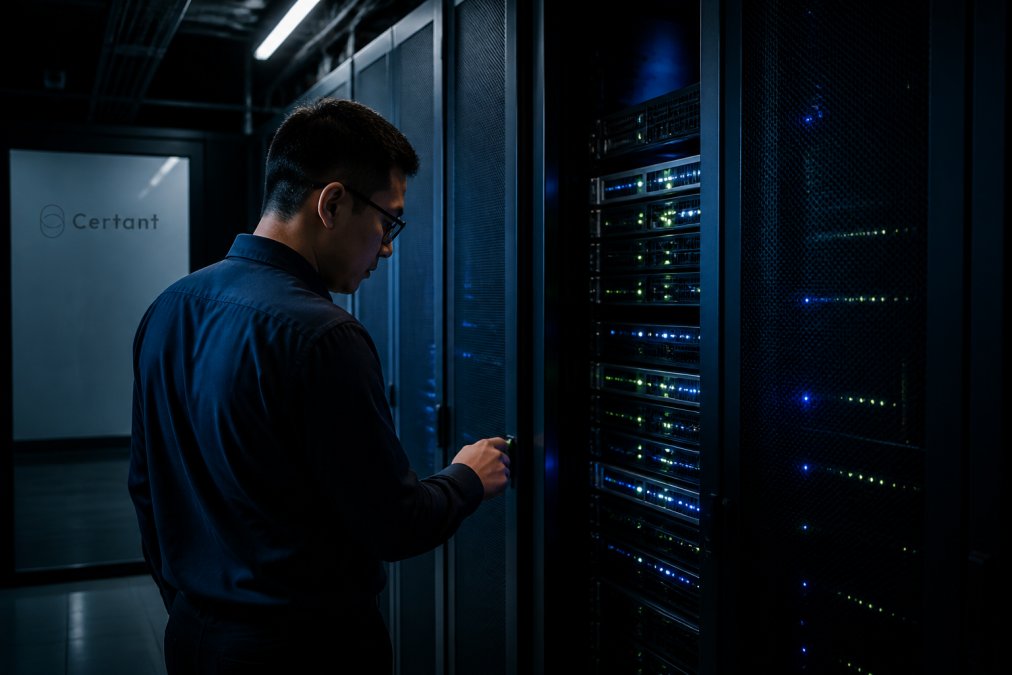 A government IT administrator reviewing server rack status indicators in a secure on-premise data centre, cool blue lighting, no visible logos