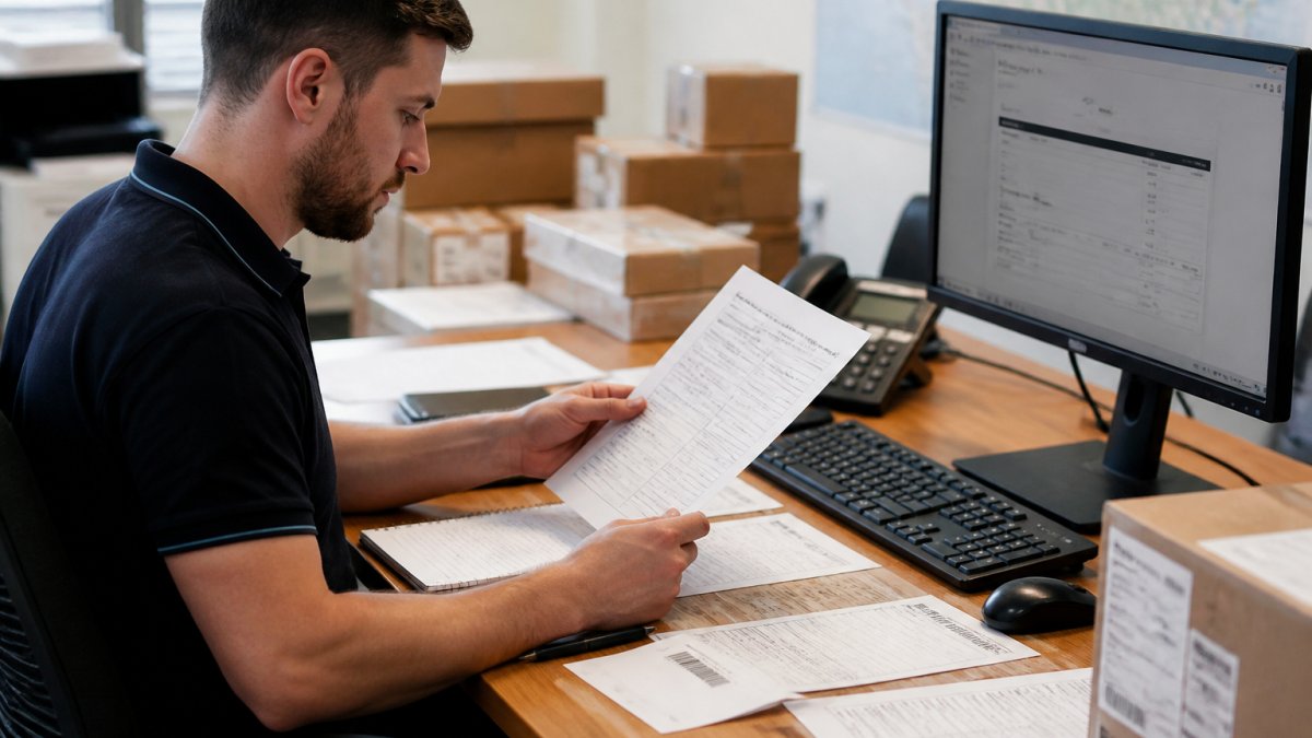 Logistics professional reviewing import customs clearance documentation at desk with shipping labels, invoices, and computer screen showing customs tracking information