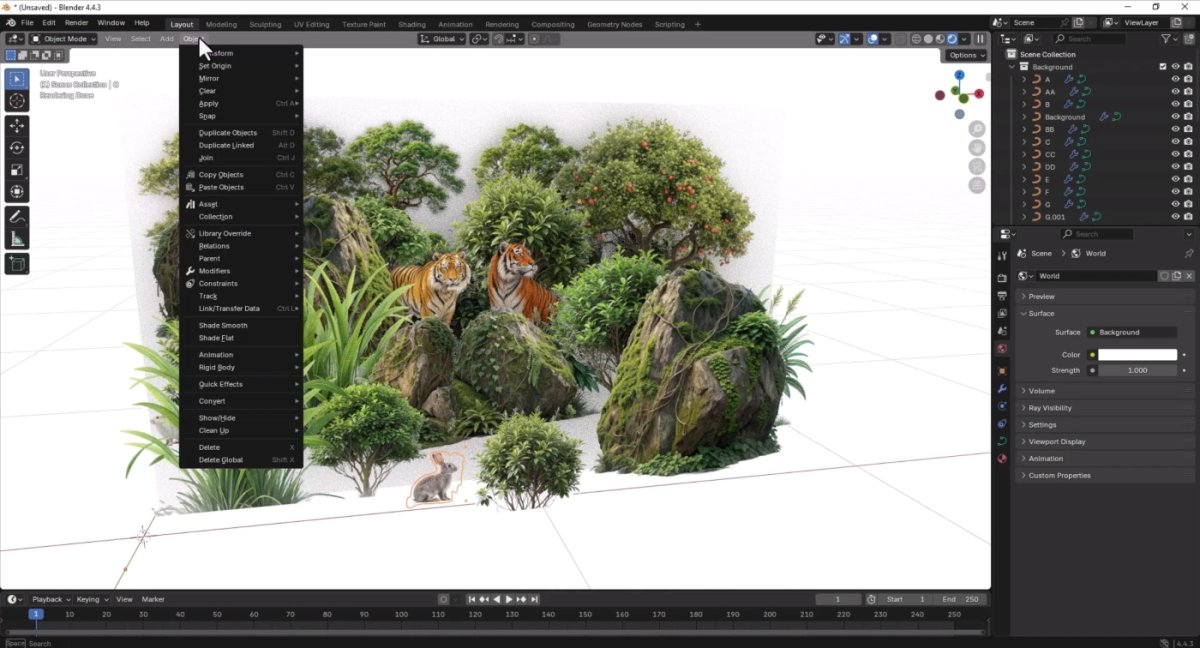 From 2D layers to 3D depth: Photoshop layers exported and arranged in 3D space after importing into Blender to create a 2.5D scene.