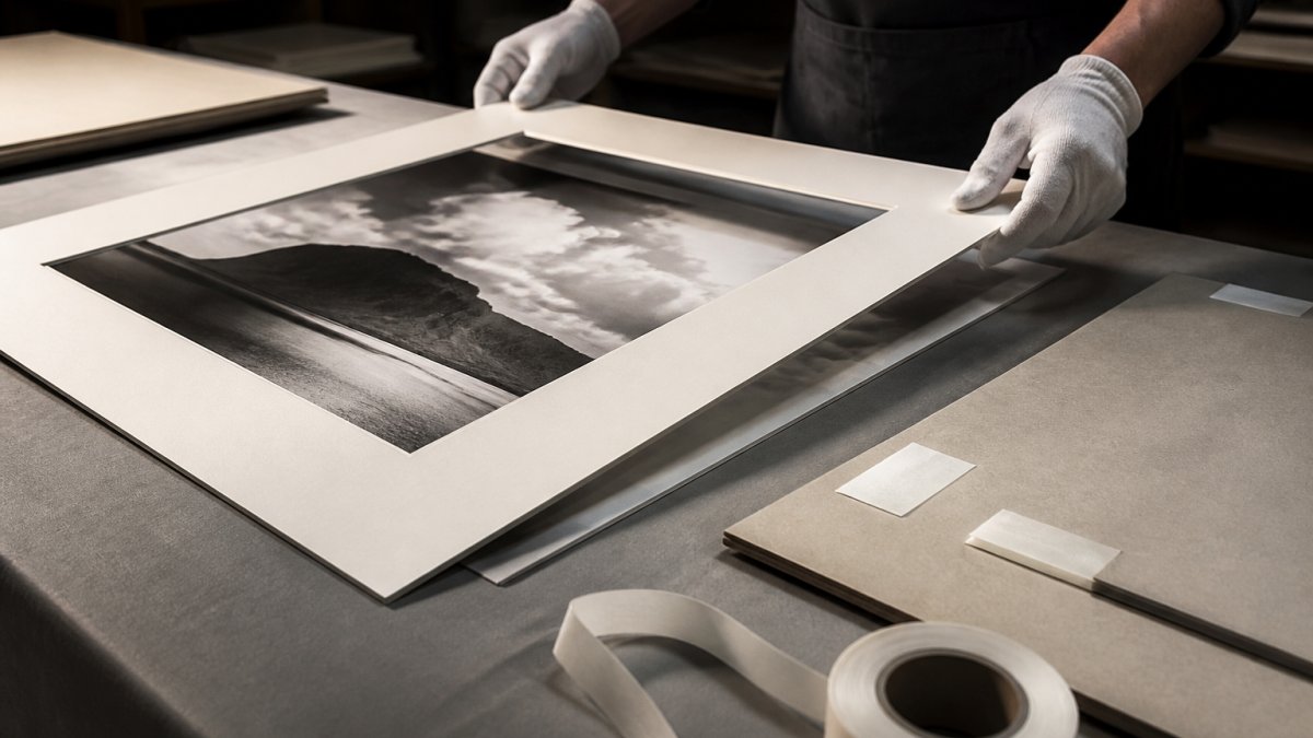 Close-up of a framer's hands in white cotton gloves placing an acid-free mat board over a large fine art photograph on a clean worktable, with archival backing board and hinging tape visible nearby