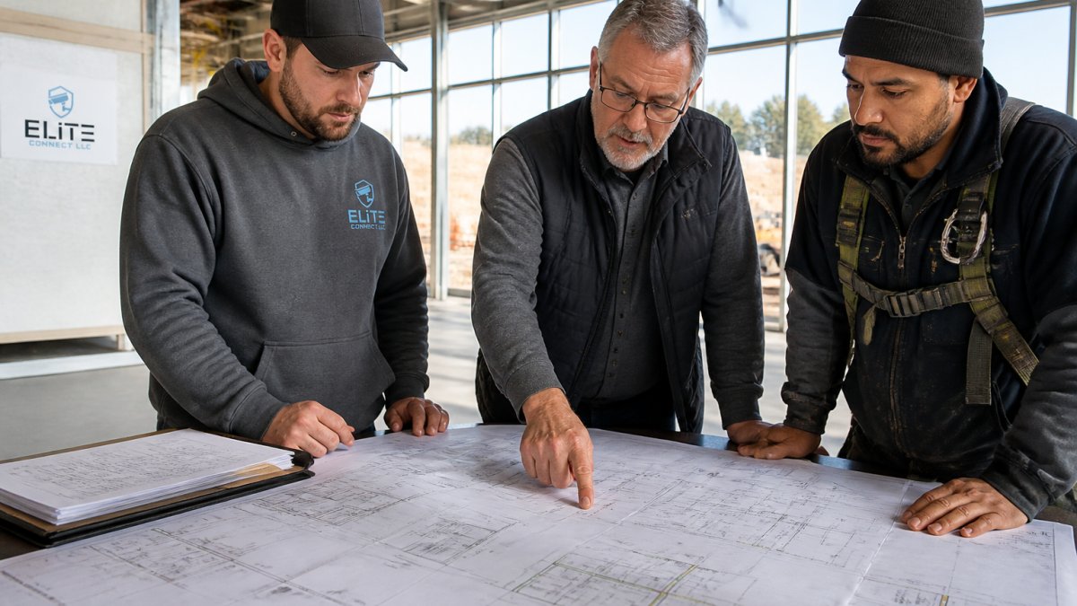 Facility manager reviewing measurements on as-built documentation drawings at a construction job site table.