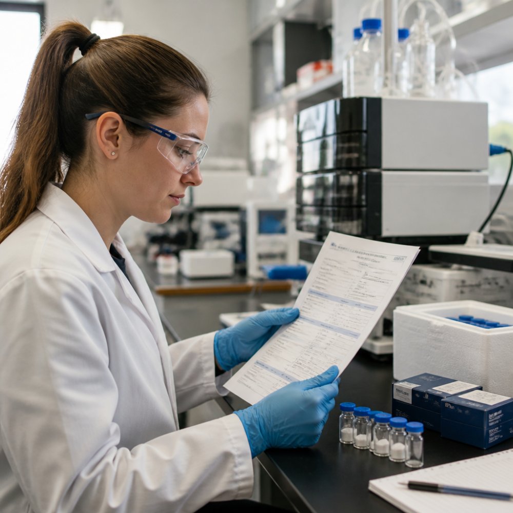 Research scientist in laboratory examining printed Certificate of Analysis at bench with peptide samples and analytical equipment visible in background, natural laboratory lighting