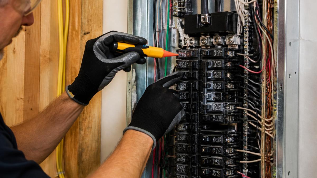 Close-up of a licensed electrician's hands working on a residential electrical panel, with labeled breakers and neatly organized wiring visible, wearing safety gloves and holding a voltage tester