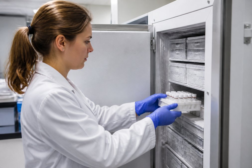 A laboratory technician in a white coat carefully placing labeled vials into a temperature-controlled freezer unit inside a clean, well-lit research facility