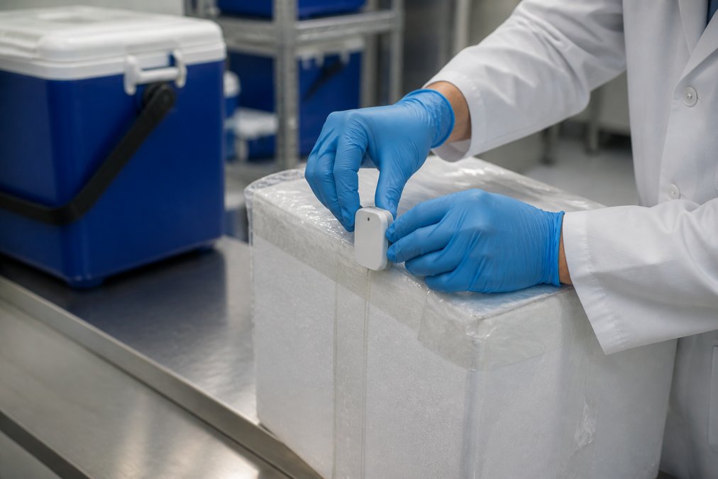 Close-up of a scientist's hands attaching a small IoT data logger to a cold storage shipping box, with a laptop displaying real-time temperature readings in the background
