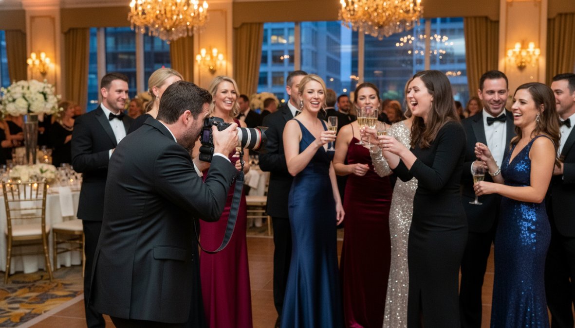 A professional event photographer crouching at the edge of a crowded corporate gala ballroom, capturing candid moments of formally dressed guests laughing under warm amber chandeliers, with a full-frame camera and long lens in hand