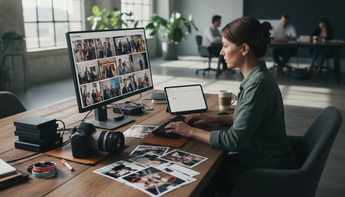 A marketing professional in a modern open-plan office reviewing a grid of high-resolution [event](/how-to-use-event-photos-for-marketing/) photos on a large widescreen monitor, color-corrected images visible on screen, notebook open beside the keyboard