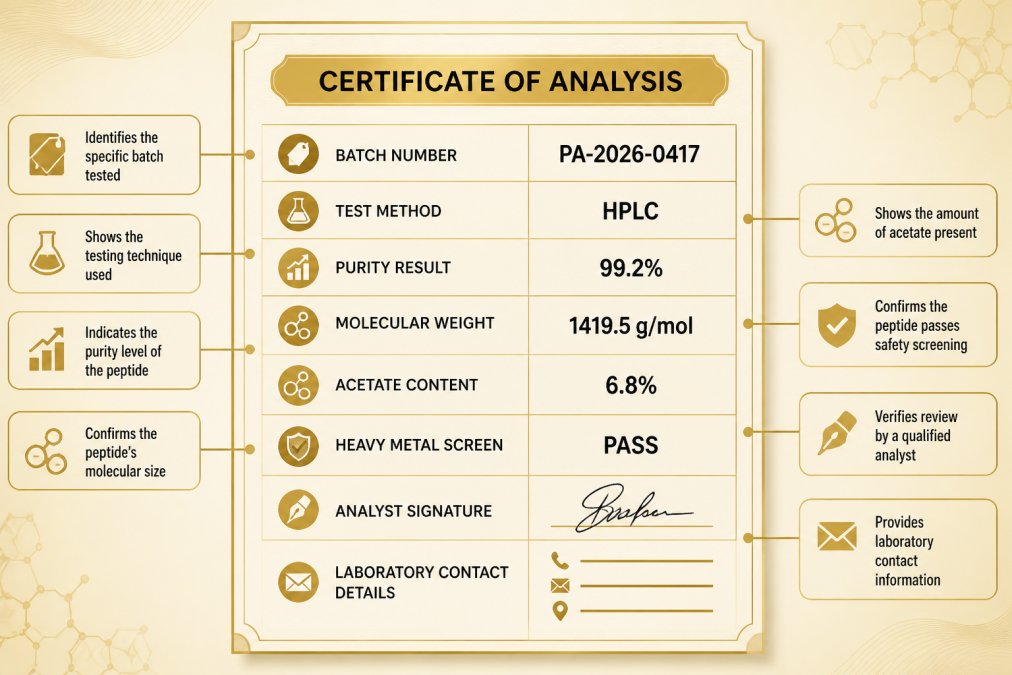 Importance of Third Party Peptide Testing: 2026 Guide Annotated diagram explaining how to read a third party peptide testing Certificate of Analysis document.