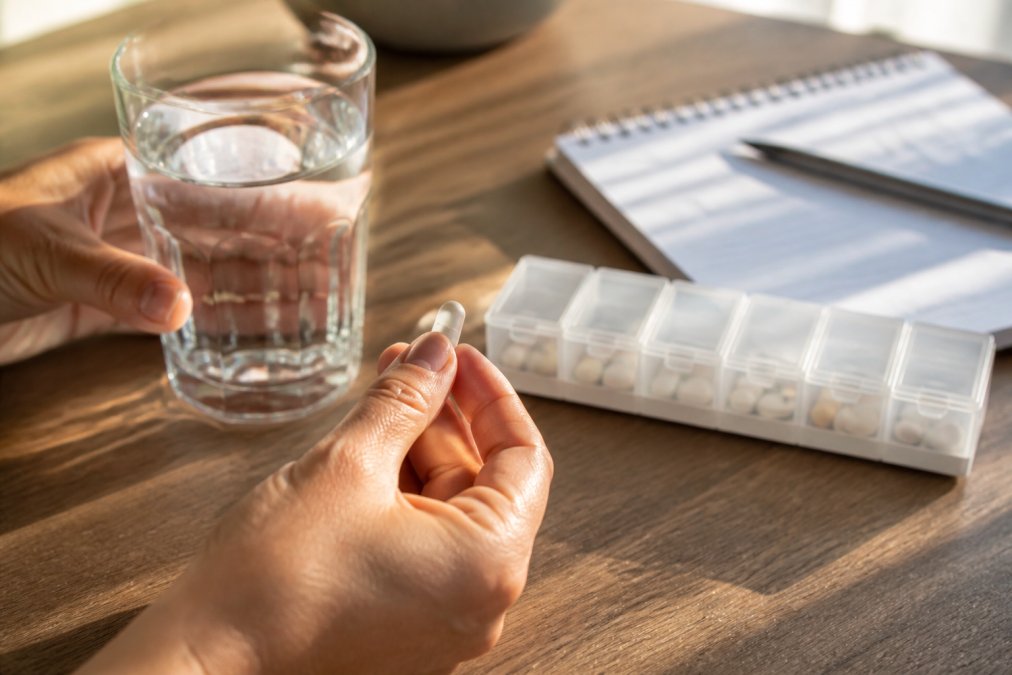 Close-up of a person's hands holding a white supplement capsule and a glass of water on a wooden table, with a weekly pill organizer and a small notebook for tracking dosage in the background, soft natural morning light