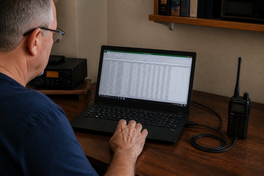 Diagram illustrating the process of importing CSV files from a laptop spreadsheet to a handheld ham radio.