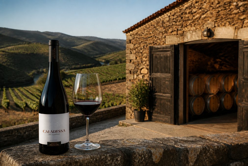 Rolling Portuguese vineyard landscape with terraced grapevines, traditional stone winery building in afternoon sunlight, and rows of oak barrels visible through open winery doors