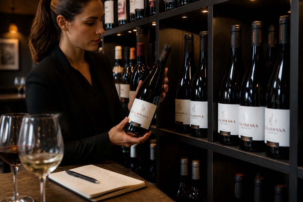 Restaurant sommelier examining bottles of Portuguese wine on a shelf, with wine glasses and handwritten tasting notes visible on a wooden table beside her, warm lighting from above