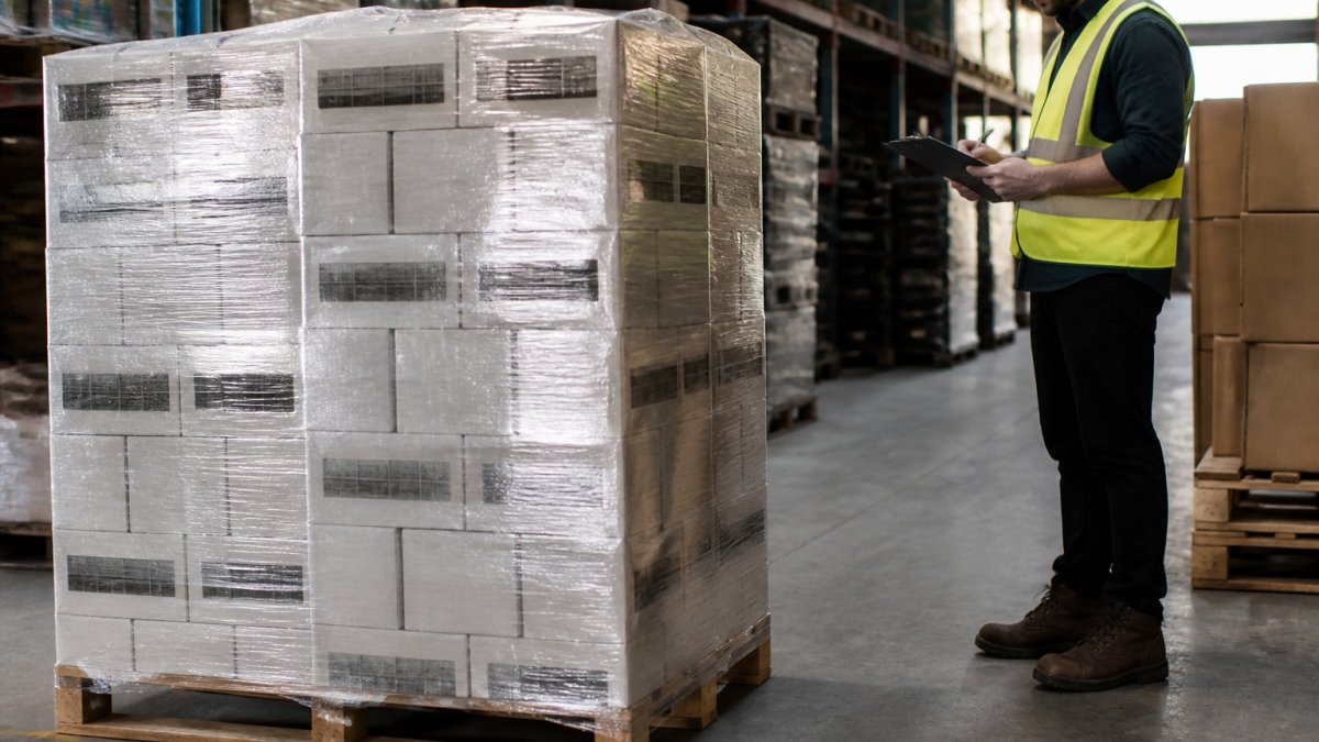 Stacked wine cases on a wooden pallet wrapped in protective film inside a warehouse, with a freight worker in a high-visibility vest checking a clipboard nearby