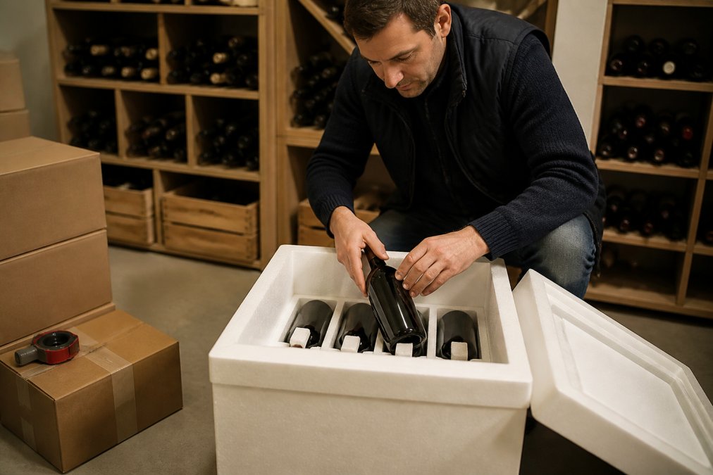 Person carefully packing bottles into a temperature-controlled box for importing Portuguese wines safely