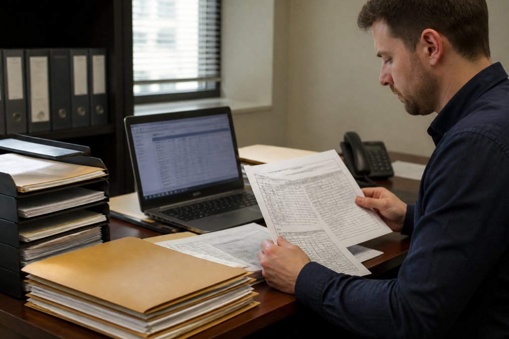 A procurement officer at a desk reviewing printed customs forms and a laptop screen showing an import filing portal, with organized folders of shipping documents nearby