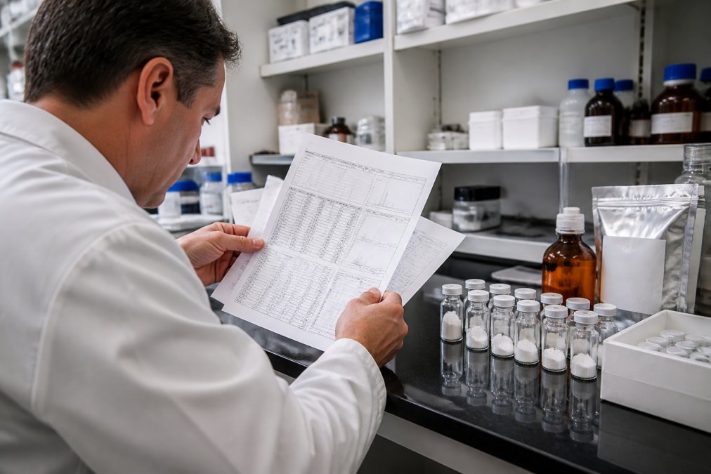 A laboratory manager in a white coat examining a printed certificate of analysis and batch report under bright lab lighting, with vials of research compounds arranged on the bench beside them