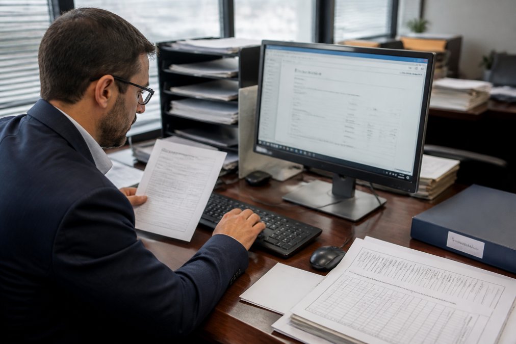 A customs broker at a desk reviewing digital import documents on a computer screen, with a shipping manifest and compliance forms visible nearby in a bright office