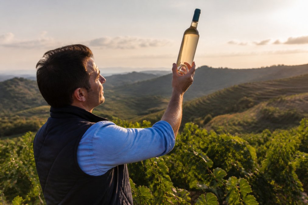 Wine buyer examining bottles in a European vineyard, holding a wine bottle up to natural light to inspect colour and clarity, with rolling vineyards visible in soft afternoon light