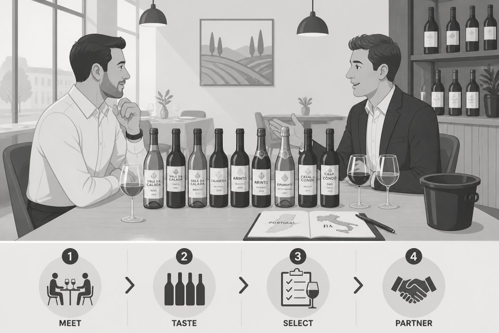 Restaurant owner or wine buyer in conversation with an importer representative over wine samples on a table in a restaurant setting, natural lighting from windows, wine bottles and tasting glasses visible
