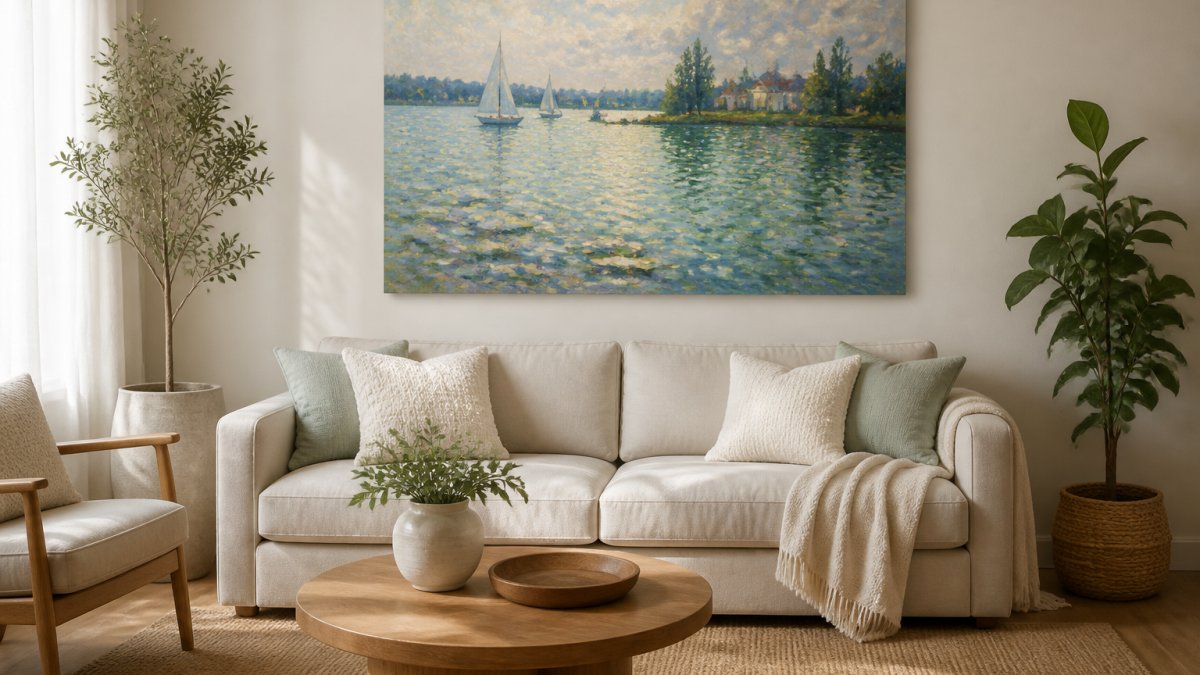 A bright living room with a large impressionistic water scene canvas above a neutral sofa, soft daylight through sheer curtains, potted plants, calm minimalist styling