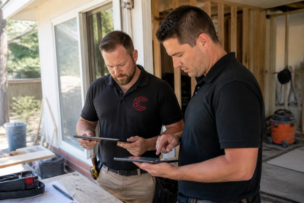 Restoration contractor team members reviewing digital documents and photos on tablet devices at a job site, with organized folders visible on screen and natural daylight