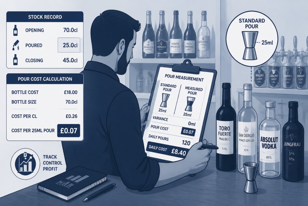 Bar manager reviewing stock records and pour measurements on a clipboard at the bar counter, with premium bottles and spirits visible in the background under warm bar lighting