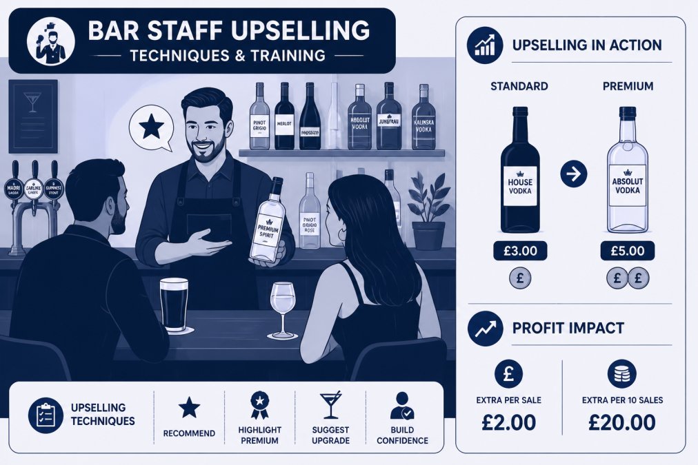 Bartender engaged with customers at the bar, confidently suggesting premium spirits and demonstrating upselling techniques in a busy pub setting with warm ambient lighting