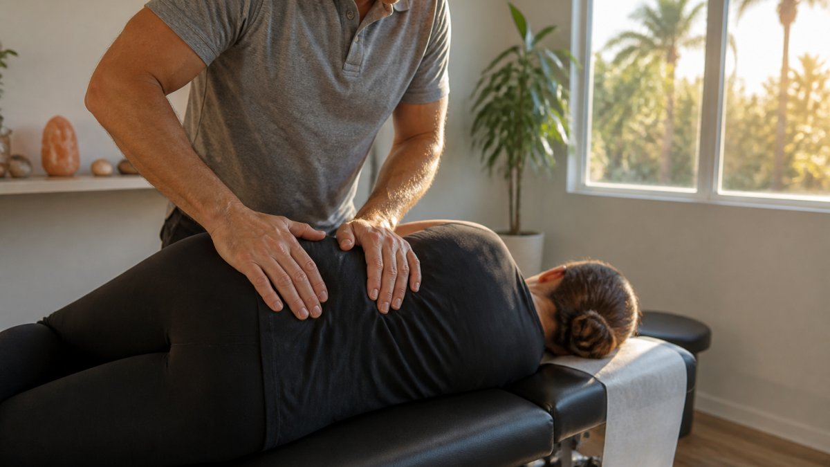 Professional demonstrating neutral spine posture to improve body biomechanics in a clinical setting.