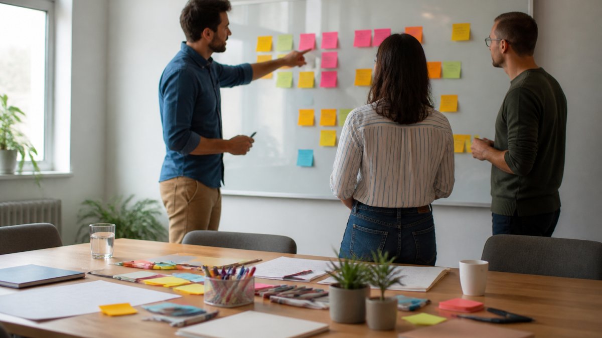 An operations manager and two colleagues mapping a process on a whiteboard covered in sticky notes in a bright office with morning light